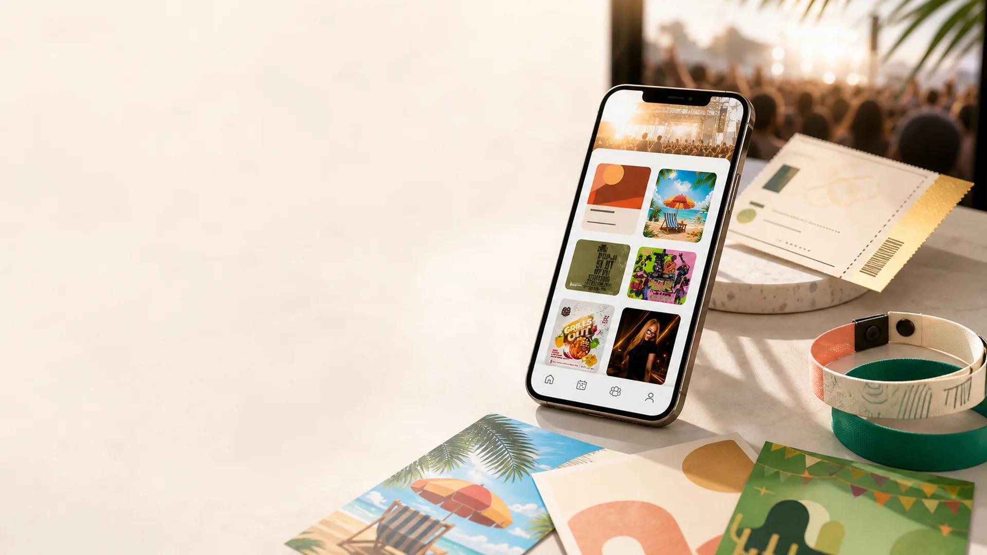 A bright Jubilq event discovery scene with a phone, tickets, wristbands, and event posters